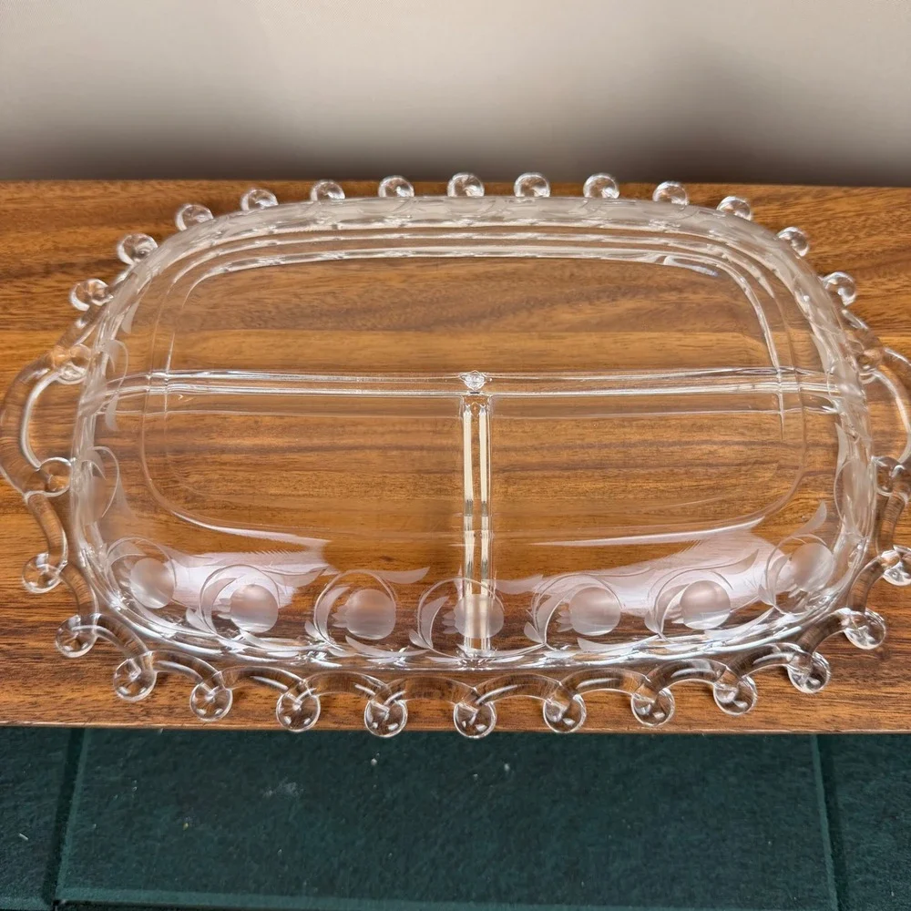 Vintage Heisey Glass Moonglo Lariat Divided Relish Dish Clear Etched 3 Part Tray
